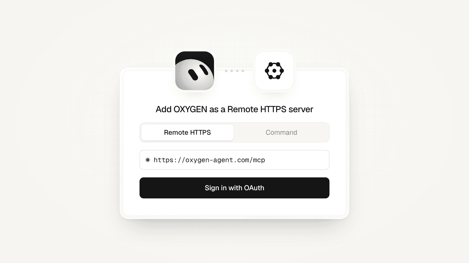 A connect card with the Grok Bot mark linked to the OXYGEN mark: Remote HTTPS, https://getoxygenpipeline.com/mcp, and Sign in with OAuth.
